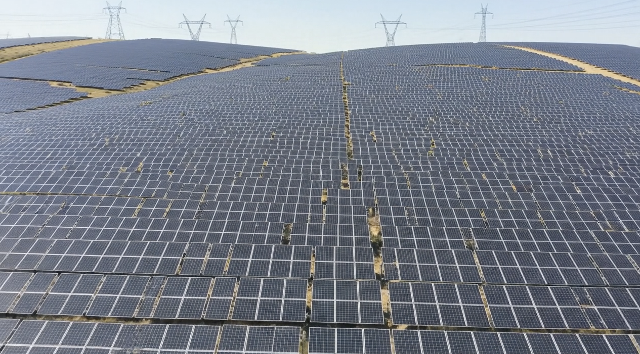 Industrial-scale solar panel arrays covering the landscape